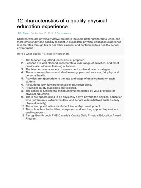qualities of a good physical education teacher|12 characteristics of a quality physical education experience.